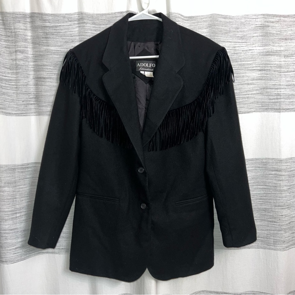 Adolfo Black Women's Wool Blazer with Fringe - Vintage